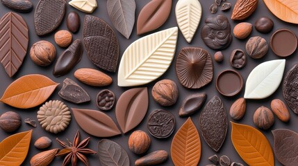 Overhead shot of various chocolate leaves, nuts, and other chocolate pieces arranged on a dark background.