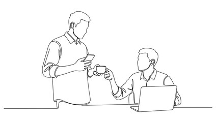 Two businessmen in a minimalist line art style, one standing with a phone and the other seated with a laptop and coffee, isolated on white background