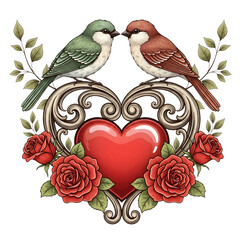 Vintage Romantic Bird Couple Design: Two Lovebirds Perched on a Filigree Heart Frame Adorned with Lush Red Roses and Greenery