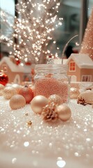 Close-up of Christmas decorations including ornaments, miniature houses, and lights, creating a festive and warm atmosphere.