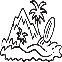 Illustration of hand drawn black and white outline icon of a tropical island scene featuring a mountain, palm tree, ocean wave, and a surfboard, perfect for travel or summer design projects