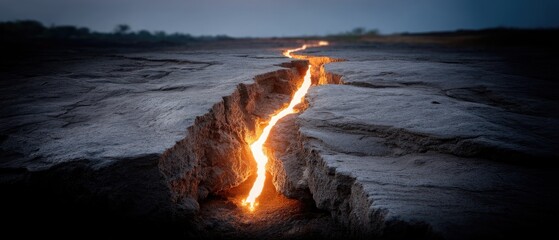 Lava crack appears in the ground during volcanic activity near a remote area at dusk, showcasing the power of nature and its geological processes