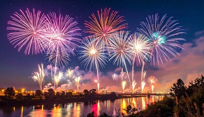 Realistic New Year Fireworks Celebration in Night Sky with Vibrant Colors