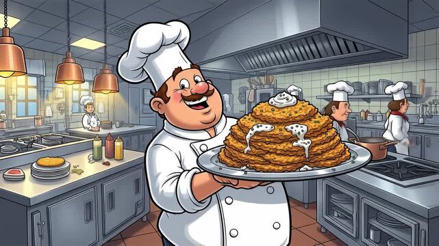 Chef proudly presents a towering stack of pancakes in a bustling kitchen.
