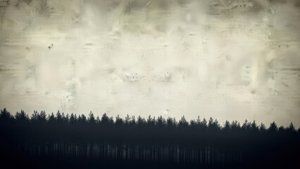 Misty forest silhouette with textured sky and dark moody landscape