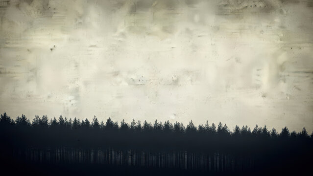 Misty forest silhouette with textured sky and dark moody landscape