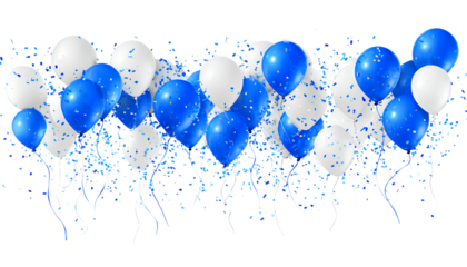 blue and white balloons with confetti on a transparent