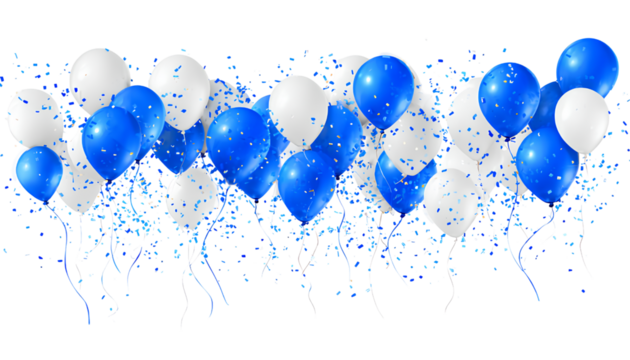 blue and white balloons with confetti on a transparent