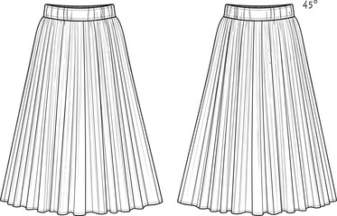 Technical fashion sketch of a women's midi skirt with all-over accordion pleats and an elasticated waistband