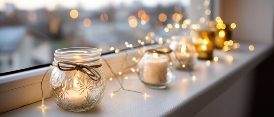 Obraz premium Warm candlelight and glowing fairy lights create a cozy atmosphere in a window setting during twilight