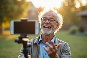 Elderly man filming lifestyle vlog.
Senior male influencer with selfie stick.
Older man recording outdoor content.
Happy senior blogger in nature.