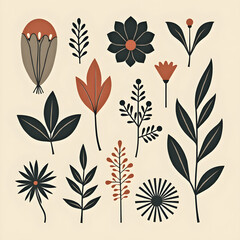 Minimalist Botanical Illustration Set &ndash; Stylized Leaves and Flowers in Earthy Tones

