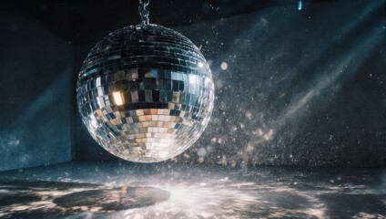 Sparkling Disco Ball Reflecting Light in a Dark Room.