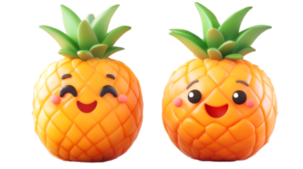 Two cute, happy, smiling cartoon pineapple fruit figurines with green leafy crowns sitting side by side isolated on transparent background
