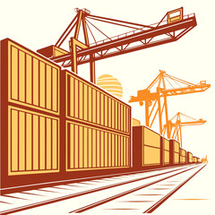 Industrial shipping containers stacked high at a busy port with cranes loading cargo under a stylized sun