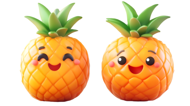 Two cute, happy, smiling cartoon pineapple fruit figurines with green leafy crowns sitting side by side isolated on transparent background - Powered by Adobe