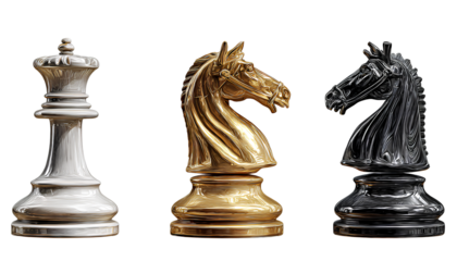 chess pieces a white rook on the left, a golden knight piece in the middle, and a black queen to the right, in a clip art style with a transparent background