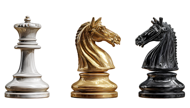 chess pieces a white rook on the left, a golden knight piece in the middle, and a black queen to the right, in a clip art style with a transparent background