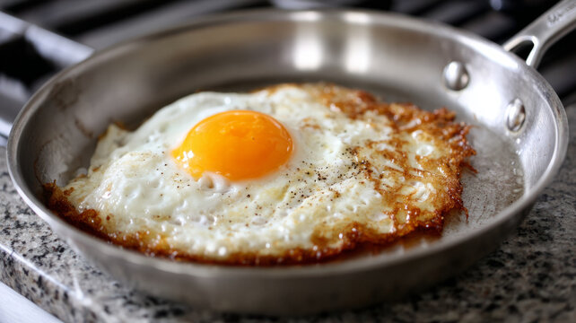 Fried egg sunny side up in skillet on granite countertop.