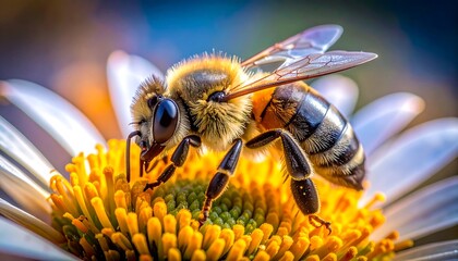 Bee pollinating a daisy, macro shot.  Bee is detailed, on a flower with white petals and yellow center