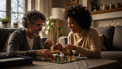 Happy diverse couple playing a board game at home. Smiling man and woman enjoying a strategy game in a cozy living room