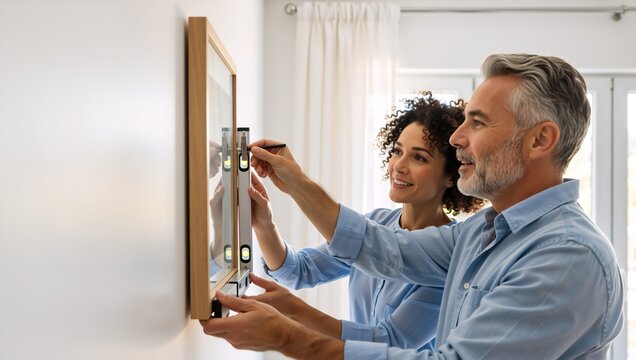 Happy middle aged couple hanging a picture frame on the wall together. Man and woman using a spirit level for home improvement and decorating as a team