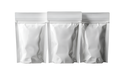 Three blank white standup pouches with resealable zipper tops displayed sidebyside, isolated on transparent background