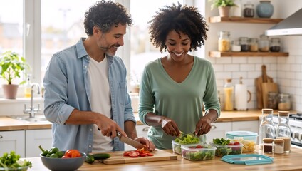 Smiling interracial couple preparing healthy food in a modern kitchen. Man and woman chopping vegetables for weekly meal prep