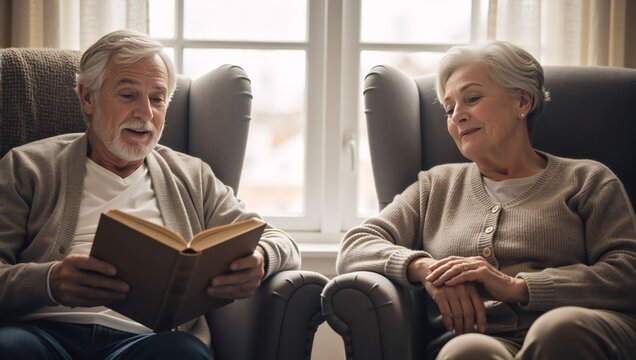 Senior man reading a book aloud to his wife in comfortable armchairs. Elderly couple sharing a moment of companionship at home - Powered by Adobe