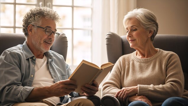 Senior couple reading a book together at home. Mature man reading aloud to his smiling wife while relaxing in armchairs