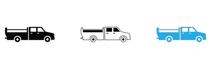 Explore three cool truck icons in black, white outline, and vibrant blue, perfect for creative designs and transportation themes, add a modern touch today!today!