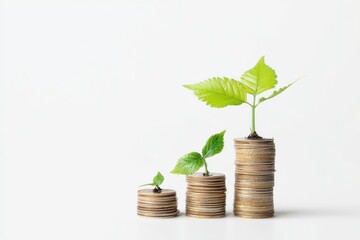 Growth of Investment: Illustrating financial prosperity with lush plants sprouting from carefully stacked coins. The image signifies the journey of growth.