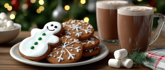 Fototapeta premium Delicious gingerbread cookies and hot chocolate served on a cozy table during the holiday season