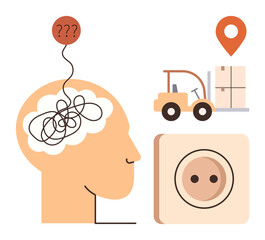 Head with tangled thoughts and question marks, forklift moving appliances, location marker, and an electrical plug. Ideal for mental health, problem-solving, logistics, energy, connections