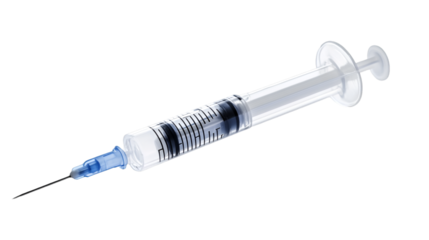 A clear plastic medical syringe with a fine needle attached, shown against a stark transparent background for clinical clarity and focus