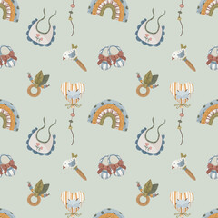 Baby toys and carriage seamless pattern, hand-drawn vector background with cute cat toy, stroller, rattles, and rainbow for nursery decor, greeting cards, and kids design.