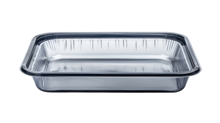 Rectangular aluminum foil baking pan with crimped edges, ideal for roasting or serving food, isolated on transparent background