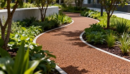 Obraz premium Medium shot of a recycled rubber outdoor pathway showcasing ecofriendly waterpermeable surface reducing runoff in an urban garden setting.
