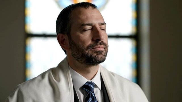 Bearded Jewish Man in Prayer Shawl and Kippah, Spiritual Reflection