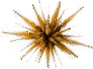 Explosion of golden powder particles and pebbles in a starburst pattern, dynamic abstract motion, high-speed photography, isolated on black isolated on transparent background