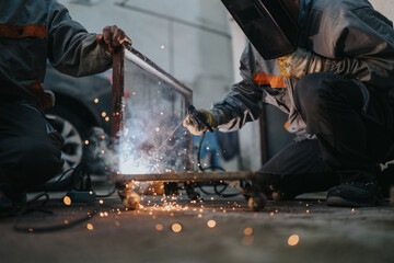 Two workers wearing protective gear weld a metal frame at ground level in a workshop. They secure the panel, using a torch and grinder on a wheeled cart, showcasing industrial fabrication.