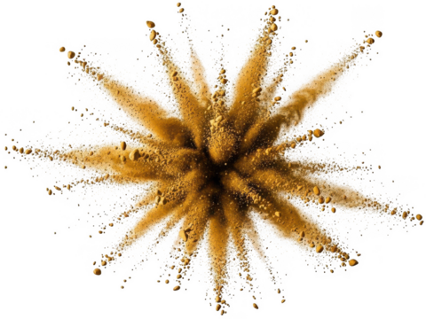 Explosion of golden powder particles and pebbles in a starburst pattern, dynamic abstract motion, high-speed photography, isolated on black isolated on transparent background - Powered by Adobe