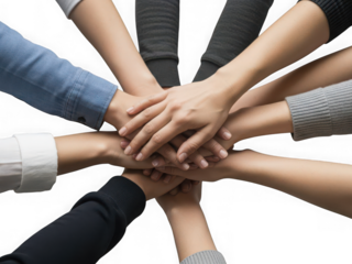 Diverse group of people stacking hands together in a circle representing unity, teamwork, and collaboration isolated on transparent background