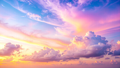 Pastel-colored sunset sky with luminous fluffy clouds, dreamy ethereal mood, smooth gradient hues