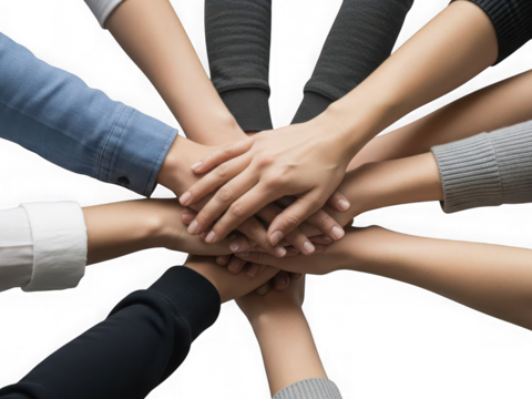 Diverse group of people stacking hands together in a circle representing unity, teamwork, and collaboration isolated on transparent background