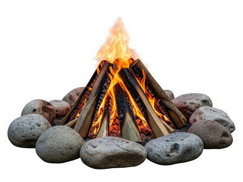 Campfire burning with logs and stones on a black background, campfire, burning wood, warmth, outdoor. isolated on transparent background