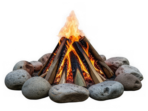 Campfire burning with logs and stones on a black background, campfire, burning wood, warmth, outdoor. isolated on transparent background