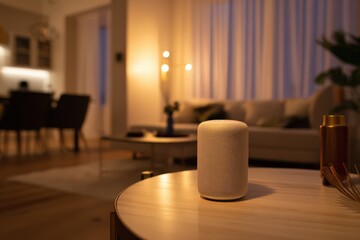Smart Home Ambience: A minimalist living space, showcasing modern technology integrated seamlessly, creating a harmonious and sophisticated atmosphere with smart speakers.