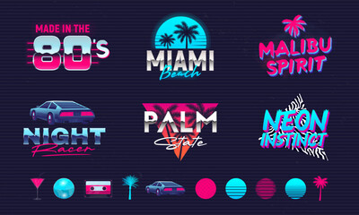 Retro 80s design set with neon elements to create your own design. Print for t-shirt, banner, poster, cover, badge and label. Retro 80's typography design. Vector illustration