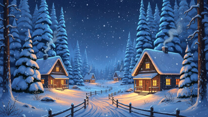 Snowy Village Winter Landscape with Cabins and Pine Trees